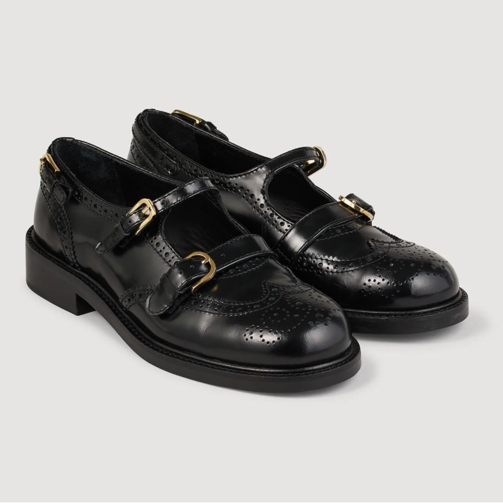 Sandro Black Leather Flats with Gold Buckles